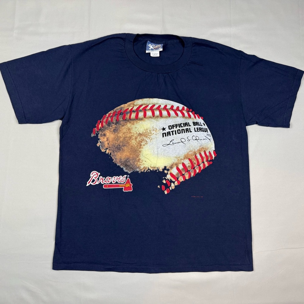 Vtg Lee Sport Atlanta Braves Mens T-Shirt Sz Medium 90s Made in USA Navy Blue A9